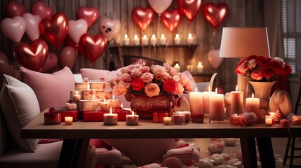 Cozy room interior decorated for Valentine day, table candles, balloon hearts on background