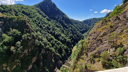 Beautiful landscape view to the Carpathian Mountains, in Romania, with green hills and coniferous forests.