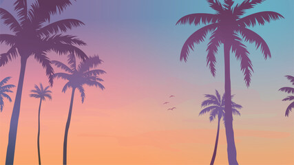 Concept 6 sunset with the palms tree on colourful background. Vector illustration 