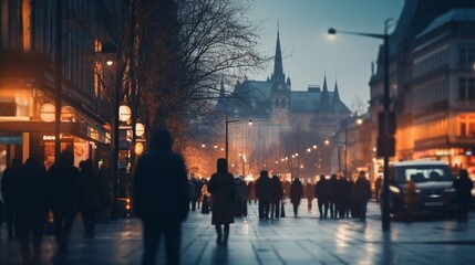 Obraz premium A high-resolution image of a bustling urban street at dusk, with blurred lights providing negative space suitable for advertisement messages.