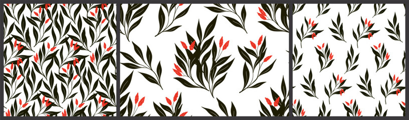 Seamless floral pattern, vintage abstract flower print in collection. Elegant botanical design: hand drawn branches with large black leaves, small red tassels of flowers on white. Vector illustration.