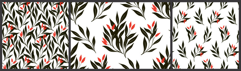 Fototapeta premium Seamless floral pattern, vintage abstract flower print in collection. Elegant botanical design: hand drawn branches with large black leaves, small red tassels of flowers on white. Vector illustration.