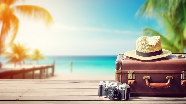 Summer vacation travel design concept. Vintage suitcase, hipster hat, on wooden deck. background Tropical sea, beach and palm trees.