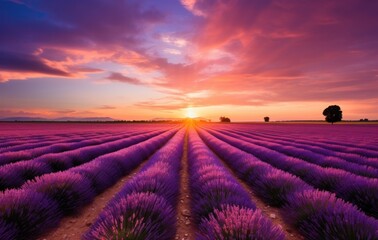 new lavender field at sunset