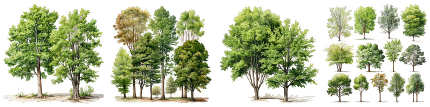 Watercolor trees Hyperrealistic Highly Detailed Isolated On Transparent Background Png File