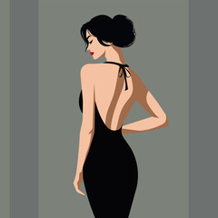 Vector fashion illustration, young sexy woman with a perfect figure posing in an elegant black backless dress. Back view.