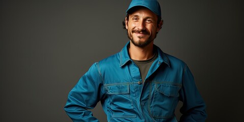 a smiling repair man in mechanic overalls - obrazy, fototapety, plakaty