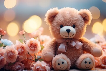 a teddy bear sits with blue flowers on a colorful background