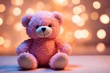 a teddy bear sitting down on a brightly colored background