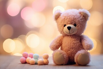 Teddy bear stands on a table in front of a colorful bokeh background