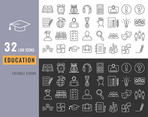 Education Icon Set. E-learning. Black and White Outline