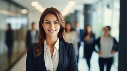 A positive female entrepreneur confidently leading a team in a modern office space, bathed in natural light