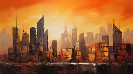 A realistic city skyline during sunset, with warm hues painting the horizon, casting long shadows across the streets and accentuating the architectural details of iconic buildings