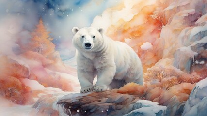 watercolor polar bear in magic colorful winter