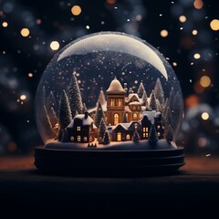 Christmas snow globe illustration, little toy with miniature magic world inside, cute xmas decoration, small houses, people living in miniaturized universe, festive winter holiday night, golden lights