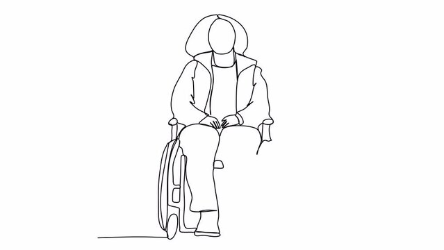 Woman in a wheelchair, one line drawing animation. Video clip with alpha channel.