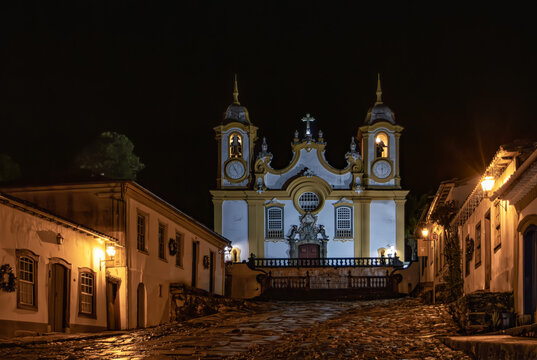 Tiradentes City Streets - Saint Anthony Church at night, Minas Gerais, Brazil