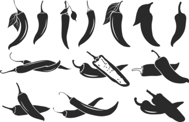 Fotobehang Chili pepper silhouettes, Chili vector illustration, Chili pepper SVG, Chili pepper clipart, Chili pepper logo, Hot chili pepper silhouettes, Chili SVG, Half chili SVG, Chili silhouette bundle. © DesignLands 