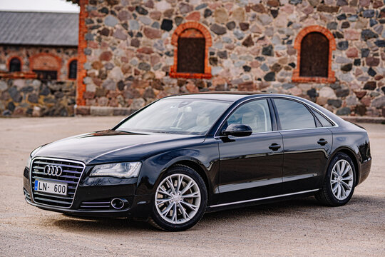 Valmiera, Latvia - July 20, 2023 - black Audi A8 190HP 2006, premium class