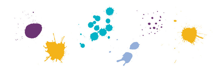 hand painted paint drips made into a vector, colorful paint blots or blotches with paint spray spatter in purple blue green and yellow colors, fun set of graphic art design elements or grunge
