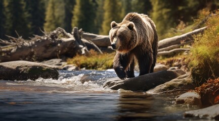 one grizzly bear walks across rocks in a stream - obrazy, fototapety, plakaty