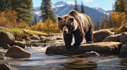 one grizzly bear walks across rocks in a stream