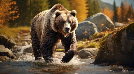 one grizzly bear walks across rocks in a stream