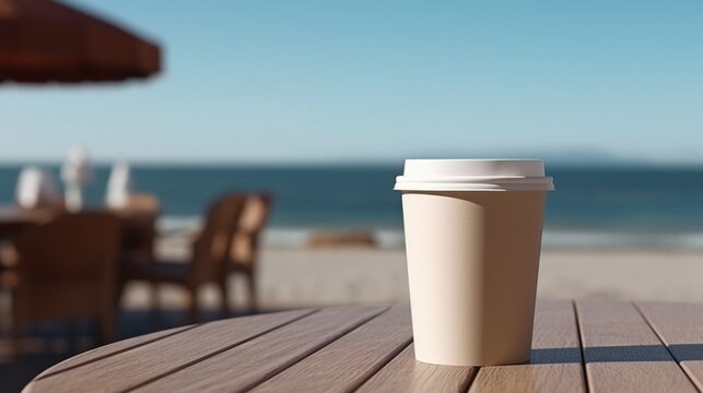 paper coffee cup with blank front, realistic on a mockup template in a luxury restaurant