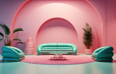 pink and green couch and pink chairs,