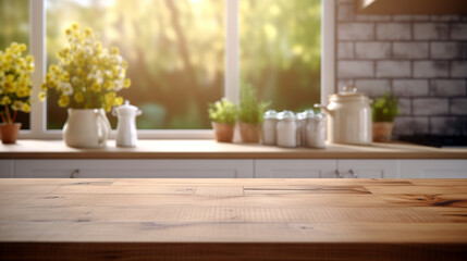 Wood table with blurry kitchen in the background
