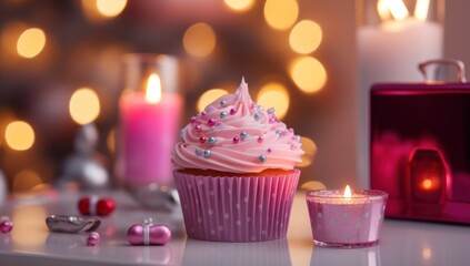 Obraz na płótnie Canvas pink christmas cupcake next to an electronic fire place as christmas lights,