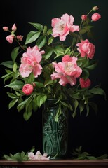 pink flowers with deep green leaves in a tall vase,