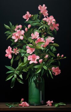 pink flowers with deep green leaves in a tall vase,