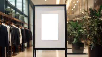 Foto op Plexiglas poster image with blank front ealistic on a mockup template in a brick wall in a luxury modern clothing shop, © ArtCookStudio