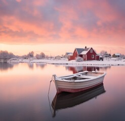 Fototapeta na wymiar red boat on water while snow hits the shore,