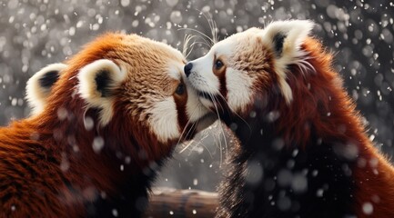 red panda couple kissing in the rain in the winter,