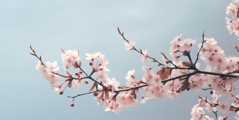 spring flowers and buds on a cherry tree against a sky blue background, - obrazy, fototapety, plakaty