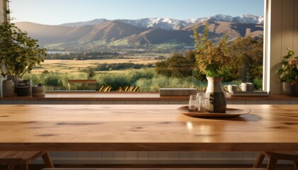 table with views to mountains of farm land in modern kitchen,
