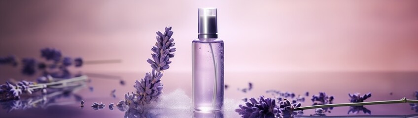 Obraz na płótnie Canvas A translucent bottle of organic facial mist with a sprig of lavender inside stands solo on a reflective, dusky mauve surface
