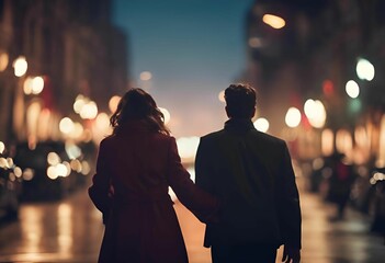 a couple walking down the street holding hands at night time - obrazy, fototapety, plakaty