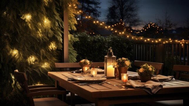 table with christmas tree and lights outdoors at night with christmas lights,
