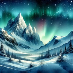 冬の雪山の美しい夜景と雪景色、満点の星空、背景、風景、生成AIイラスト