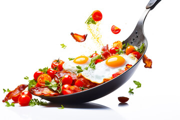 A frying pan with fried eggs and flying bacon, tomatoes and drops of oil circling around. Concept on the theme of a protein-rich breakfast.