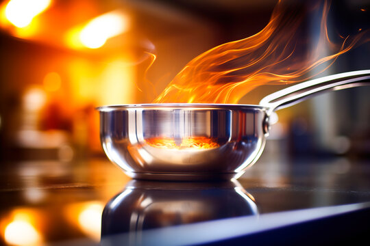A stainless steel pan with a flame of fire from it stands on the stove.