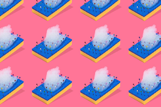 Abstract Cleaning Scouring Pads with Pins and Foam