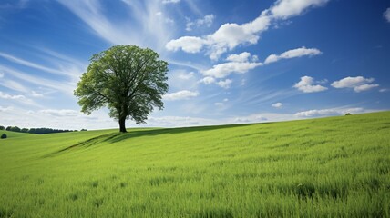 Fototapeta na wymiar the green fields of the countryside under a blue sky