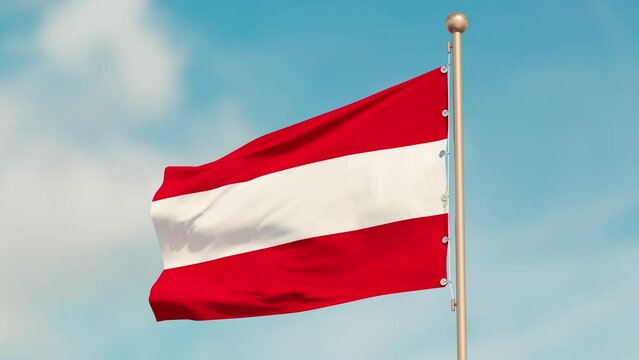 Flag of Austria, looped and seamless. Fabric texture, realistic wind, bottom view. Close-up.
