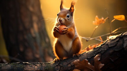 Beautiful squirrel with a nut in the forest