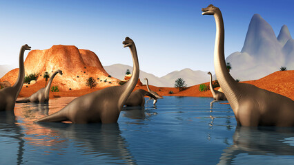 Brachiosaurus dinosaurs grazing in a prehistoric lake. © Stocktrek Images