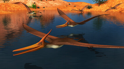Pteranodon reptiles searching for food in a lake. © Stocktrek Images